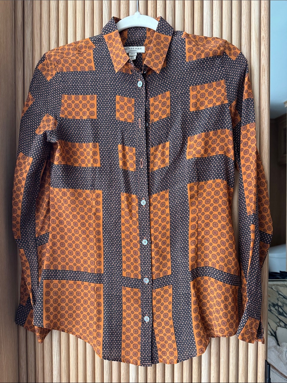 Burberry Orange and Black Geometric Panel Button-Up Blouse